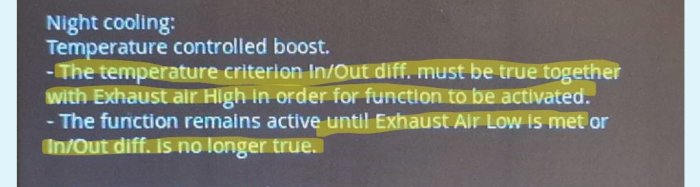Text om nattkylning och temperaturstyrda kriterier för funktionens aktivering markerad med gult.