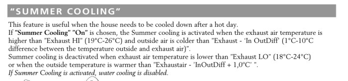 Text om sommarkylning, aktiveras baserat på temperaturskillnader, vattenkylning inaktiveras när funktionen är på.