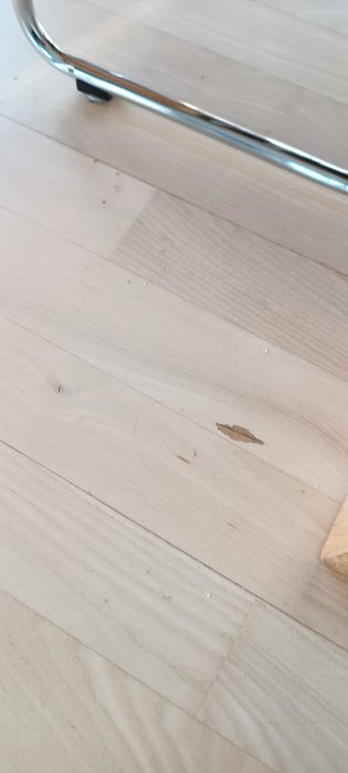 Ljust trägolv med små smutsfläckar och en skada; kromad möbeldetalj syns upptill.