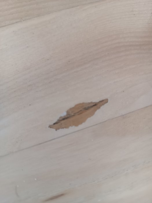 Skadad målad yta som visar underliggande trä; tecken på slitage eller skada.