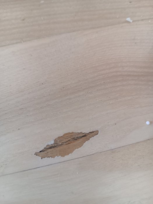 Träyta med slitage eller skada, blottat trä under ytskikt, neutrala färger, närbild.