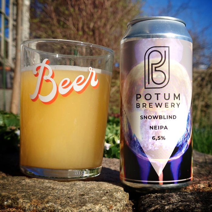 Ett glas med öl och en ölburk från Potum Brewery utomhus i solljus.