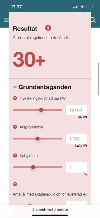 Skärmavbild av investeringskalkyl med återbetalningstid, antaganden om kostnad, produktion och ränta från Energimyndigheten.