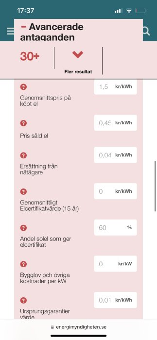 Mobilskärm som visar elpriser och relaterade data på svenska, från Energimyndigheten.se.