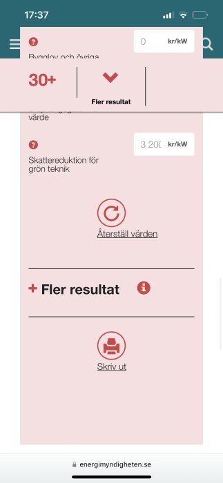 Skärmdump av en mobil visar energimyndighetens webbsida med alternativ för skattereduktion för grön teknik.