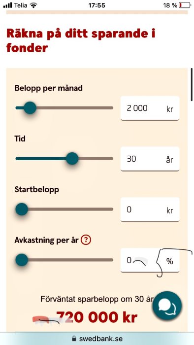 Sparberäknare för fonder på mobilskärm, visar månadsbelopp, spartid, startbelopp, avkastning, förväntat sparbelopp på swedbank.se.