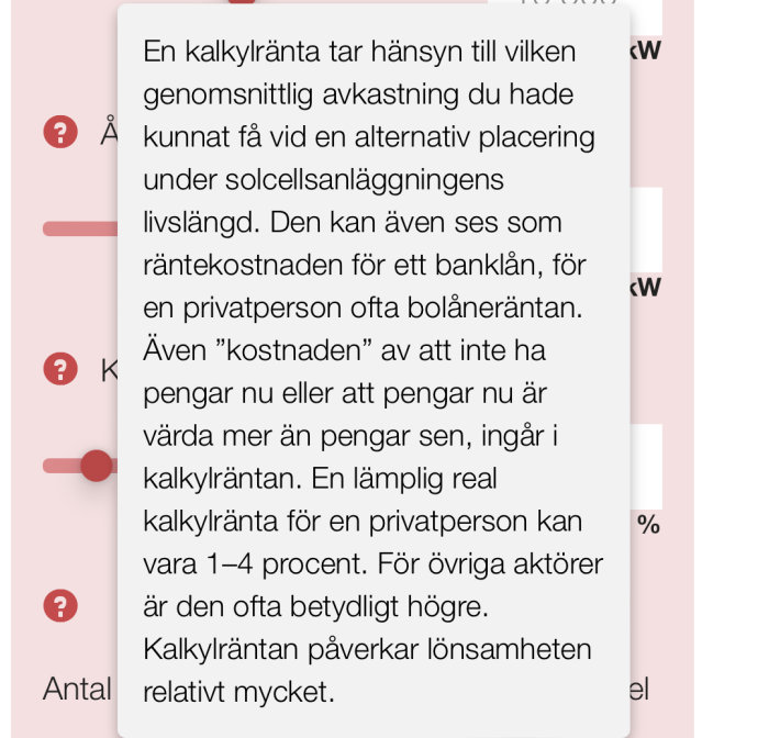 Skärmdump av text på svenska om kalkylränta, alternativa placeringsmöjligheter och dess påverkan på lönsamhet.