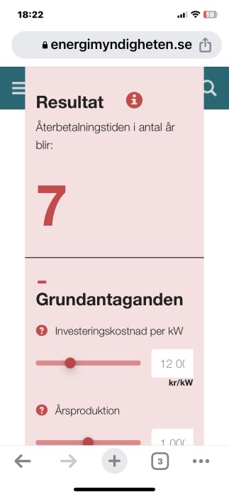 Mobilskärm visar resultat från energimyndigheten.se med återbetalningstid och investeringskostnad.