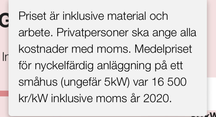 Text om prissättning för anläggning, inkluderar material, arbete och moms.