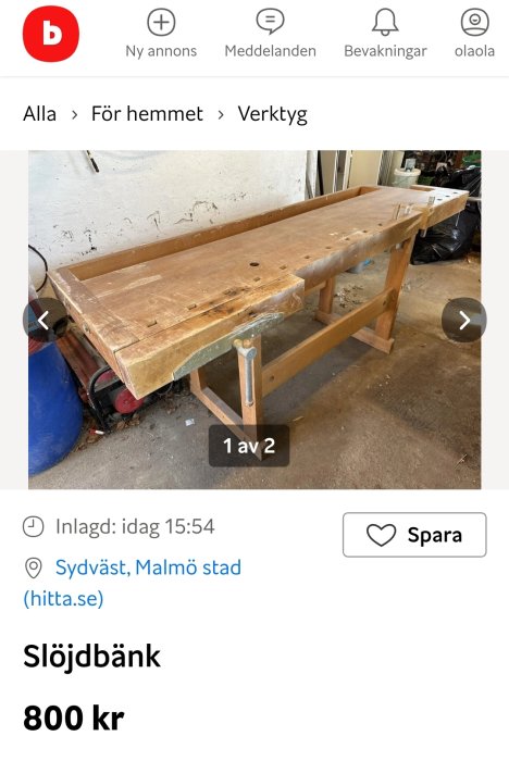 Använd, sliten slöjdbänk i garage, till salu annonserad online för 800 kronor.