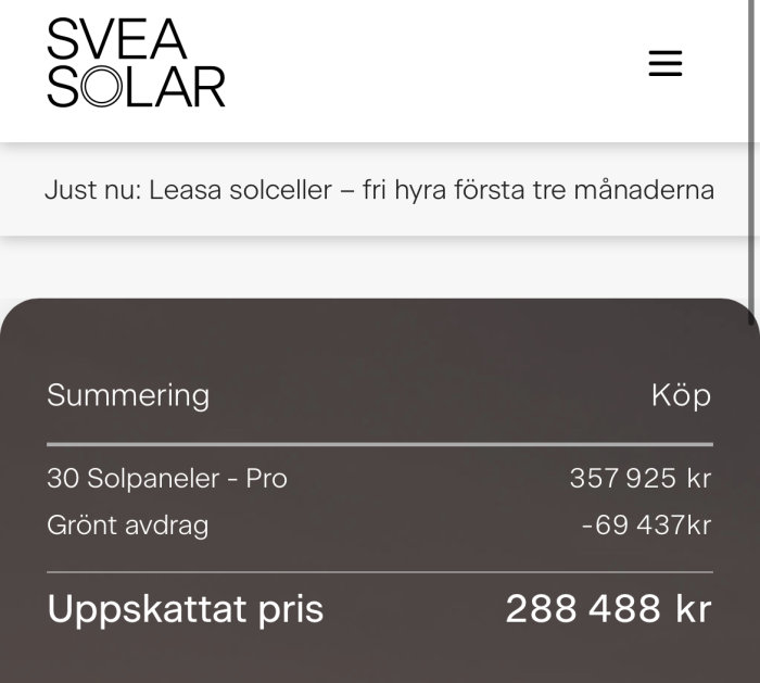 Skärmdump från Svea Solar webbplats, erbjudande om solceller, prisuppgifter, möjligtvis en kalkylator.