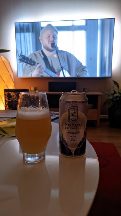 En person på TV skärmen sjunger och spelar gitarr; en ölburk och ett glas öl i förgrunden.