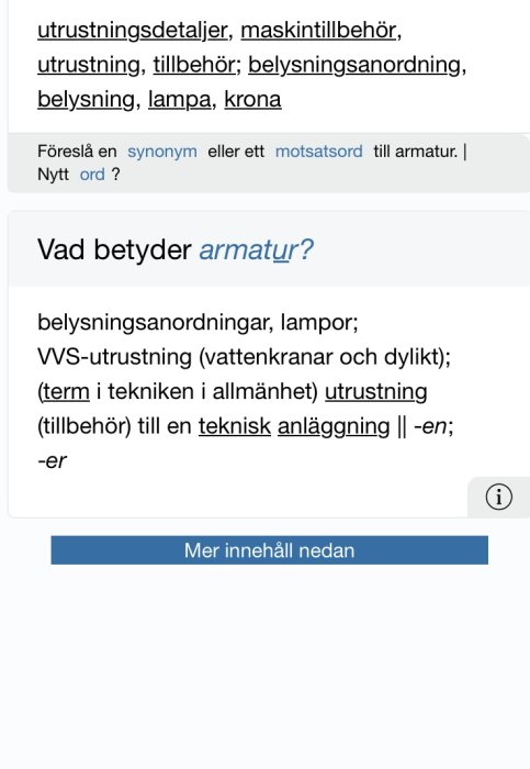 Skärmdump av ordboksförklaring till ordet "armatur" på svenska, med relaterade termer och definitioner.