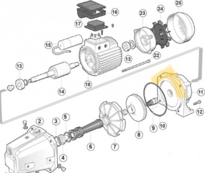 Explosionsmotor delar i sprängskiss med numrerade komponenter för identifiering eller montering.