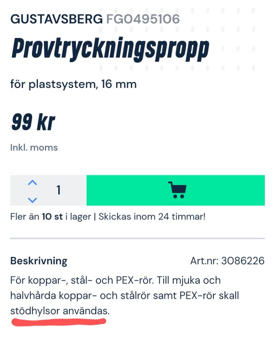 En skärmdump visar en produktinformation för en provtryckningspropp från Gustavsberg, användbar för olika rörtyper. Priset är 99 kronor.