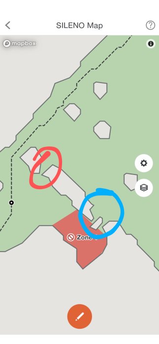 En appskärmbild som visar en karta, markerade zoner, knappar och texten "SILENO Map" överst.