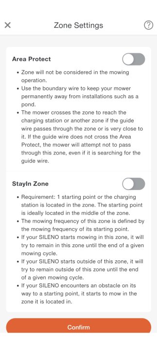 Skärmdump av inställningsmeny för zonområden i robotgräsklippare. Inkluderar "Area Protect" och "StayIn Zone" funktioner.