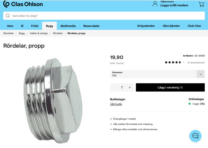 Webbsida som visar metallpropp för rörinstallation, tillgänglig hos Clas Ohlson för 19,90 kronor.
