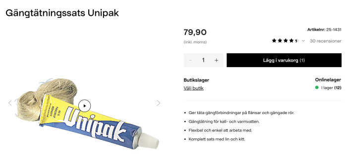 Produktsida för Unipak gängtätningspaket, lin och tätning, onlineköp, 79,90 kronor, positiva kundrecensioner.