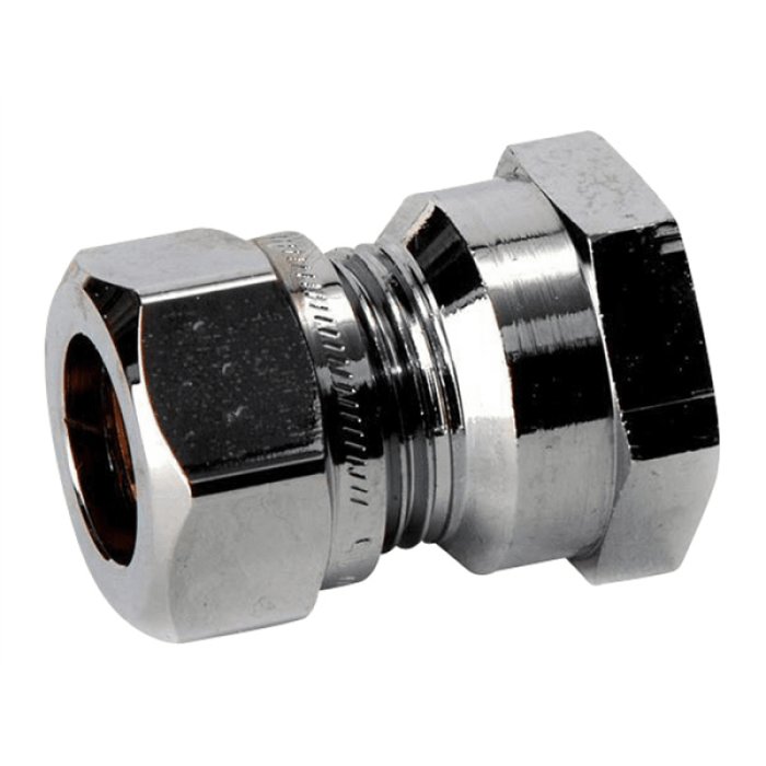 Metallisk, kromad rörkoppling med gänga, hex mutter, VVS-komponent, isolerad på vit bakgrund.