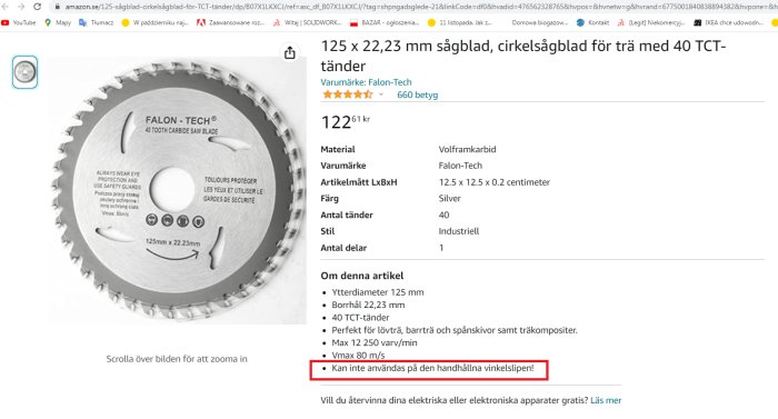 Cirkelsågblad, karbidtänder, säkerhetsvarning, teknisk produktinformation, onlinebutikssida, köpinformation, grått och silver.