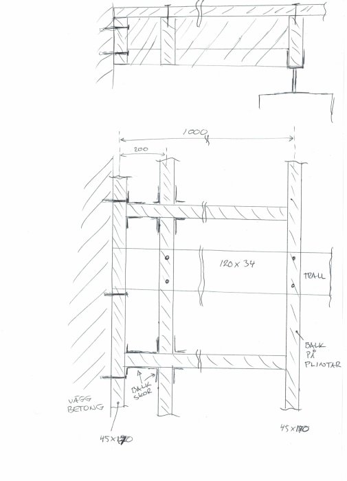 Handritad skiss över byggnadsdetaljer med mått och materialanvisningar: trä, betong. Konstruktionsteckning.