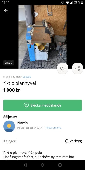 Annonssida som visar en begagnad blå och vit rikthyl och planhyvel till salu.