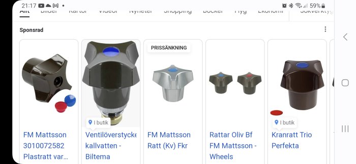 Skärmdump av webbsida som visar olika vattenkranöverstycken eller handtag, med fokus på varumärket FM Mattsson.