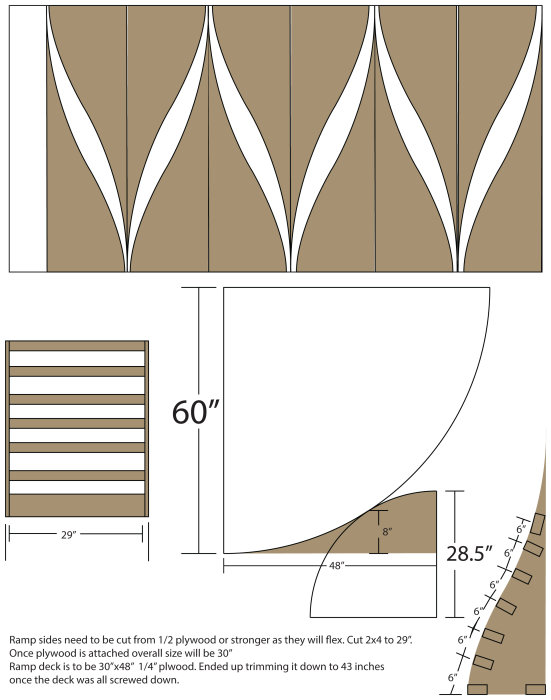 Byggritningar för en ramp inkluderar mått och instruktioner på engelska. Designen visar toppvy och sida.