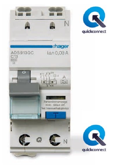 Hager Quickconnect säkerhetsbrytare eller jordfelsbrytare för elinstallationer, grå och vit färgsättning.