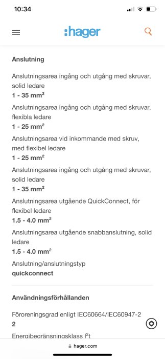 Skärmavbild från mobil visar Hager-produktsida med tekniska specifikationer för elektrisk anslutning och användningsförhållanden.
