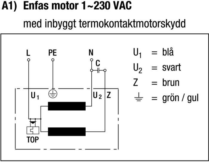 Elektriskt kopplingsschema för enfasmotor med termokontaktmotorsskydd och färgkoder för anslutningar.