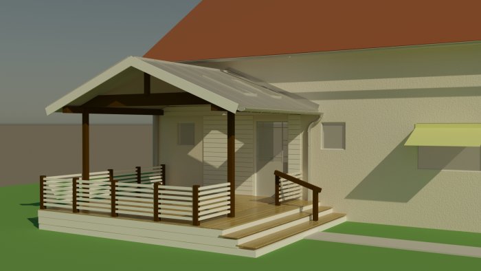 3D-modellerat hus med veranda, räcken, och skuggor i lugna färger.