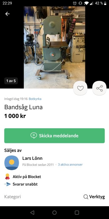 En skärmdump från en annons där en bandsåg av märket Luna säljs för 1000 kr.