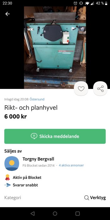 Verktyg, rikt- och planhyvel, till salu på annons, blå, 6000 kronor, användarprofil, Blocket-appen.