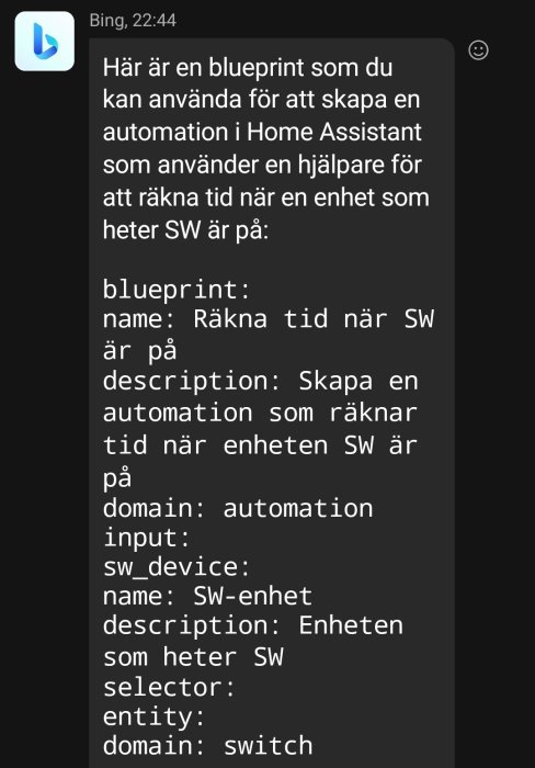 En skärmdump av en chatt där en hemautomation-blueprint för Home Assistant beskrivs.