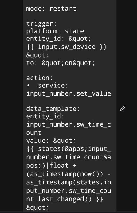 Kodsnutt i YAML-format, troligen för hemautomatisering. Innehåller trigger och action för enhet.