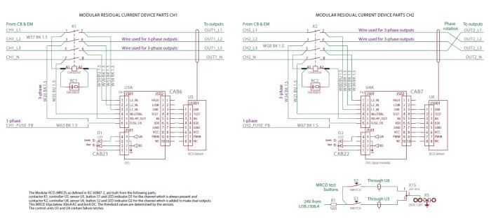 Elektrisk kretsschema för modulära restströmbrytare med beskrivningar, komponenter, anslutningar och kanalindikationer.