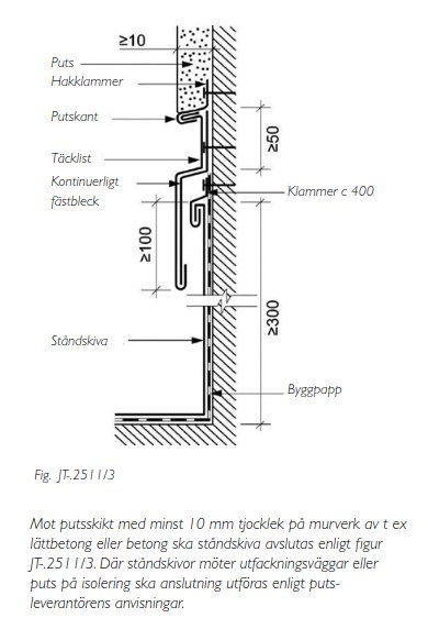 Teknisk ritning, byggdetalj, väggsektion, isolering, puts, måttangivelser, installationsinstruktioner.