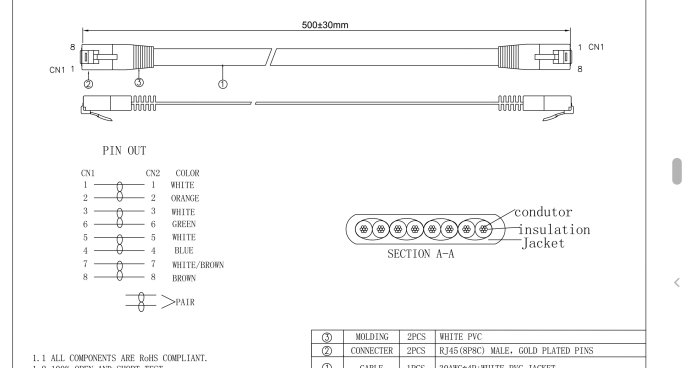 Teknisk ritning av en nätverkskabel (RJ45) med skärmtyp, färgkodning och kontaktstruktur specificerad.