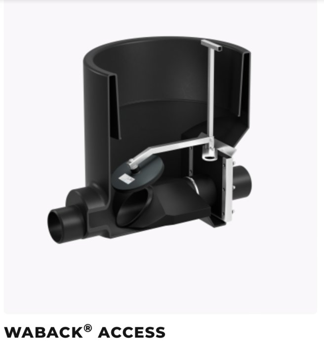 En svart avloppsbackventil med märket "WABACK® ACCESS" syns tydligt i förgrunden på vit bakgrund.