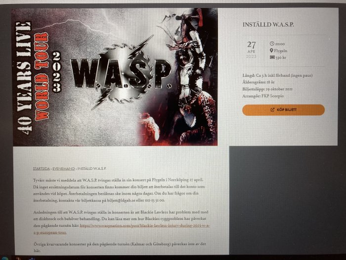 Affisch för inställd W.A.S.P.-konsert, information om återbetalning, konsertdetaljer, rocktema, dramatisk grafik.