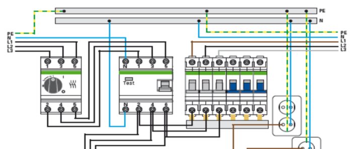 Elektriskt kopplingsschema med säkringar, brytare och ledningar.