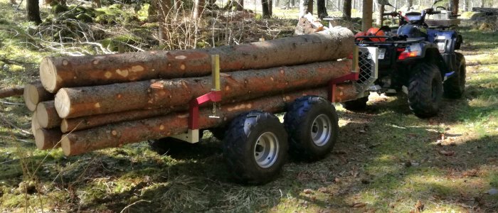 Fyrhjuling kopplad till släpvagn lastad med timmer i skogsmiljö. Arbete, skogsbruk, soligt, transport, utomhus.