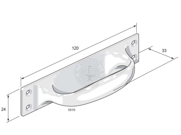 Illustration av en dörrhandtag på rosett med måttangivelser: längd 120mm, höjd 33mm, bredd 24mm.