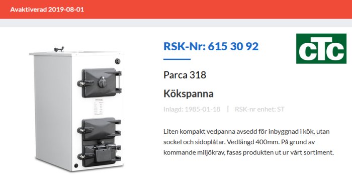 Kökspanna, Parca 318, vit, kompakt, avvecklad modell, informationstext, CTC-logotyp, utan sockel och sidoplåtar.
