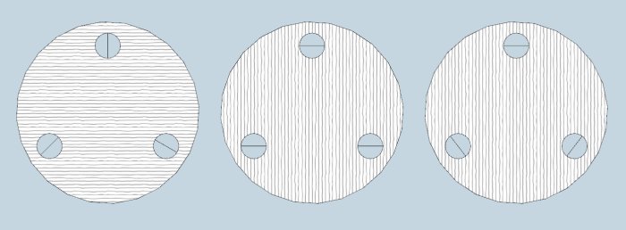 Tre cirkulära objekt med vågiga mönster och fyra mindre cirkulära hål vardera, mot en enfärgad bakgrund.