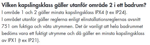 Text om kapslingsklasser för badrum; IPX4 för område 1 och 2, IPX1 utanför dessa.