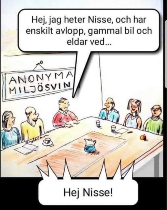 Karikatyr av möte, "Anonyma Miljösvin", person presenterar sig, humoristisk, miljötema, tecknad stil.