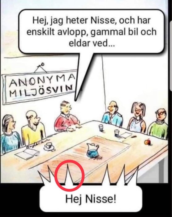 En tecknad bild med text, grupp människor runt bord, "Anonyma Miljösvin" på tavlan, person introducerar sig ironiskt.